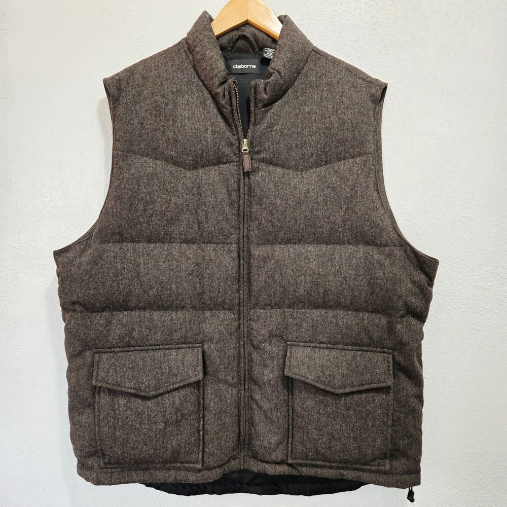 Claiborne Wool Blend Duck Down Puffer Vest Brown Tweed Heritage Gilet Mens XL